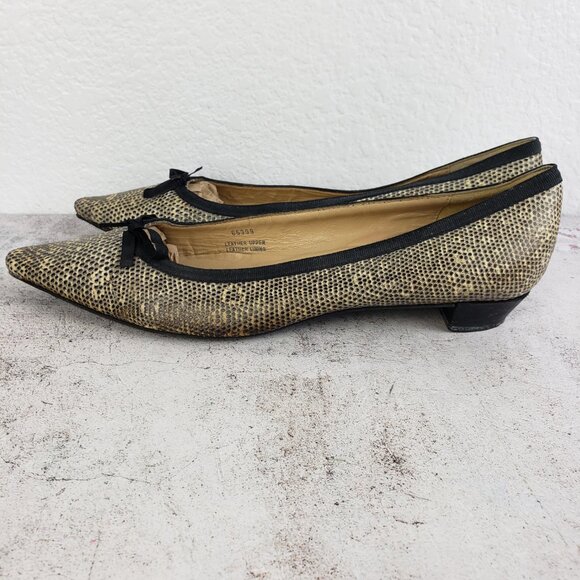 J CREW Italy Pointed Toe Pump Shoes Ballet Flats Textured Leather Snake Bow 8.5 - Picture 2 of 13